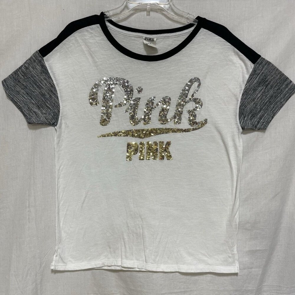 Pink Victorias Secret Womens Small Top T-shirt White Gold Sequin Logo Colorblock